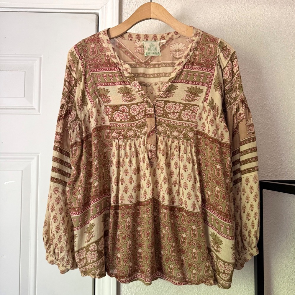 BLUE BOHEME tan cream boho gauze floral puff long sleeve popover blouse top